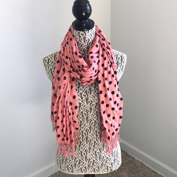Coral scarf with black polka dots - Picture 4 of 4